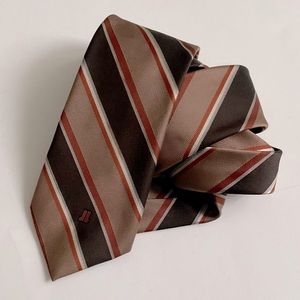 Lanvin men's brown striped silk tie. orange. beige. white colors. with logo